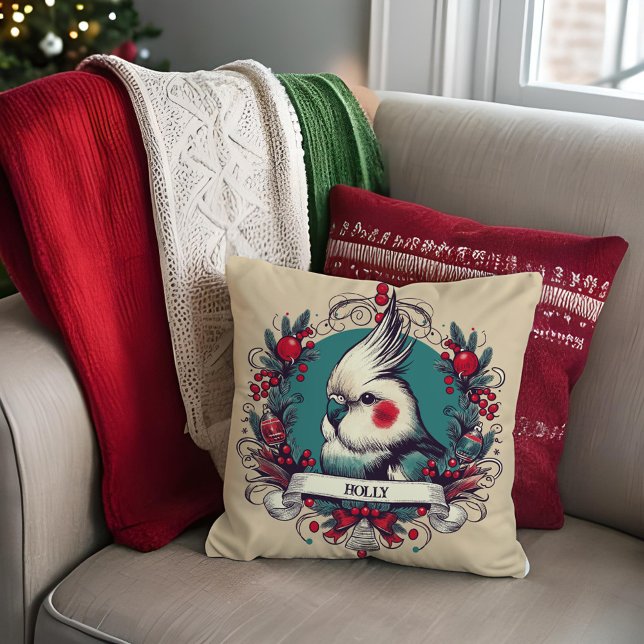 Almofada Cockatiel Pet Bird Name Natais vintages doces (Christmas Cockatiel personalized pet bird pillow in pretty vintage style and trendy teal and red)