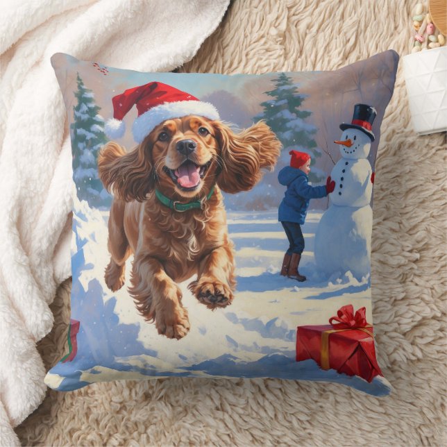 Almofada Cocker Spaniel Correndo na Neve com Chapéu de Nata (Cobertor)