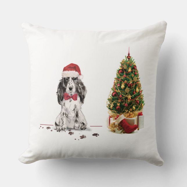 Almofada Cocker Spaniel Engraçado Cachorro de Natal com Árv (Frente)