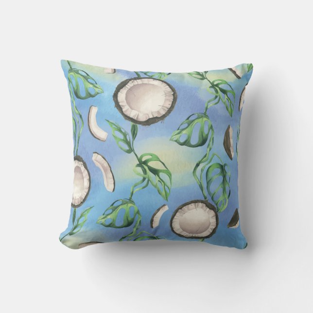 Almofada Coco de Aquarela e Padrão Folha de Monstera (Frente)