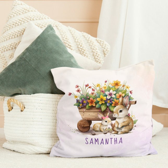 Almofada Coelhinhas Fofas Nome Personalizado Menina Páscoa (Cute Bunnies Custom Name Girl Easter Throw Pillow)