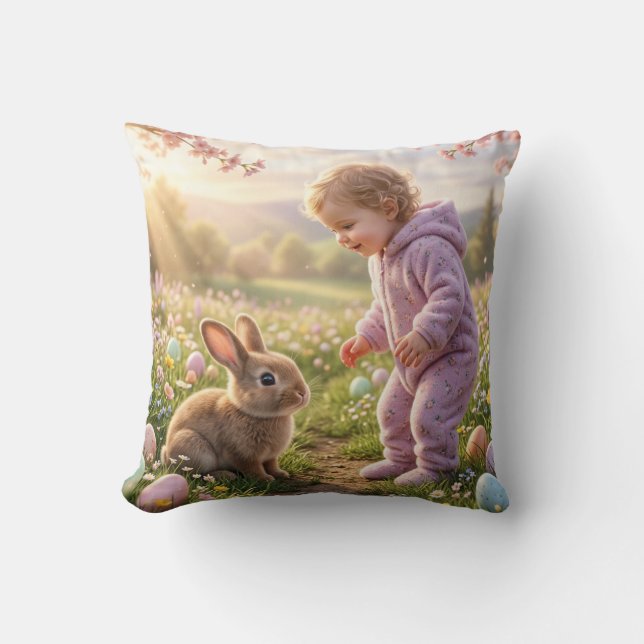 Almofada Coelhinho da Páscoa Fofo e Criança (Frente)