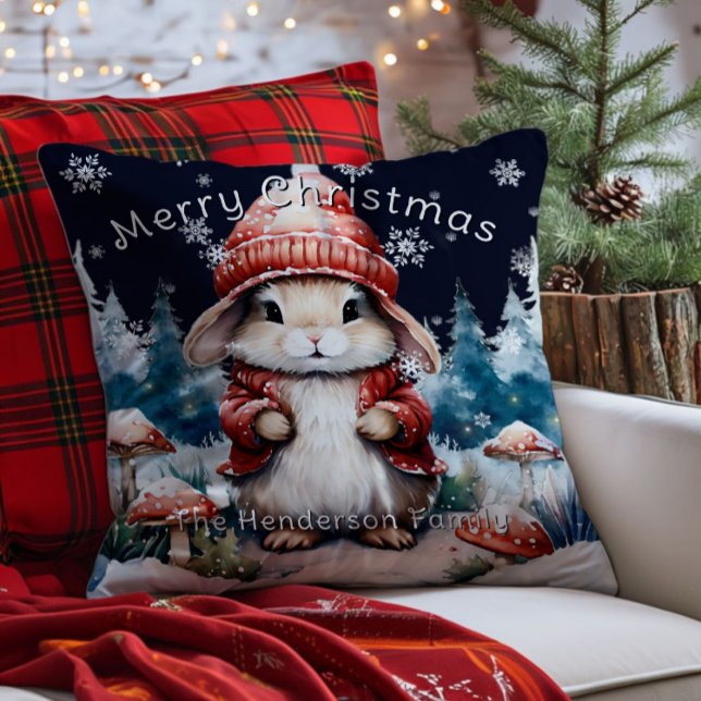 Almofada Coelhinho de Natal Impressionante Personalizado (Whimsical Christmas Bunny Personalized Throw Pillow)