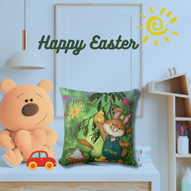 Almofada Coelhinho de Páscoa e galinhas (Watercolor Easter Bunny & chickens Throw Pillow)