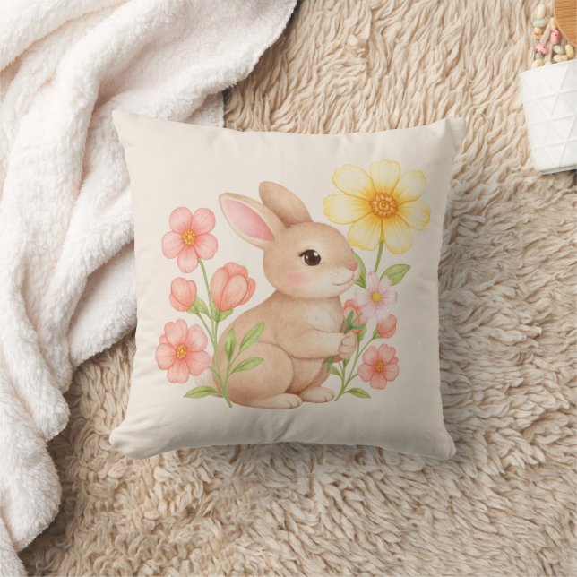 Almofada Coelhinho Floral de Aquarela Fofa  (Cobertor)
