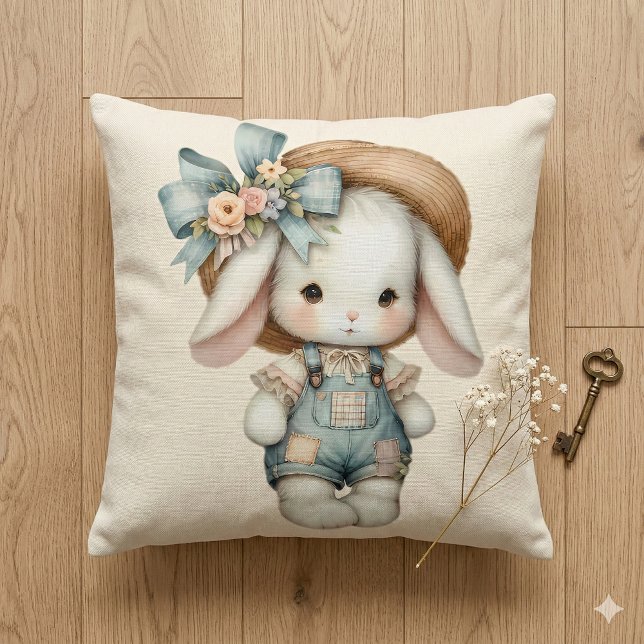 Almofada Coelhinho Fofo com Macacão e Chapéu de Palha & Laç (Cute Bunny in Overalls with Straw Hat & Bow Throw Pillow Mockup D)