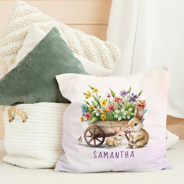 Almofada Coelhinhos Fofos Menina Páscoa Personalizada (Cute Bunnies Personalized Girl Easter Throw Pillow)