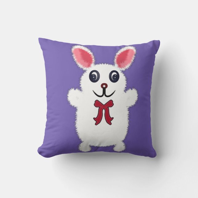 Almofada Coelho Branco Fofinho e Felpudo com Laço Vermelho  (Frente)