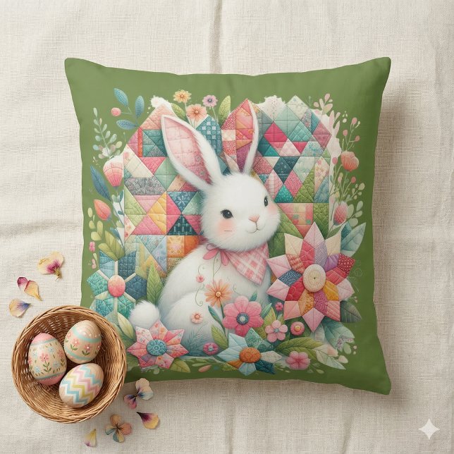 Almofada Coelho com Colcha e Flores (Bunny with Quilt and Flowers Throw Pillow Mockup A)