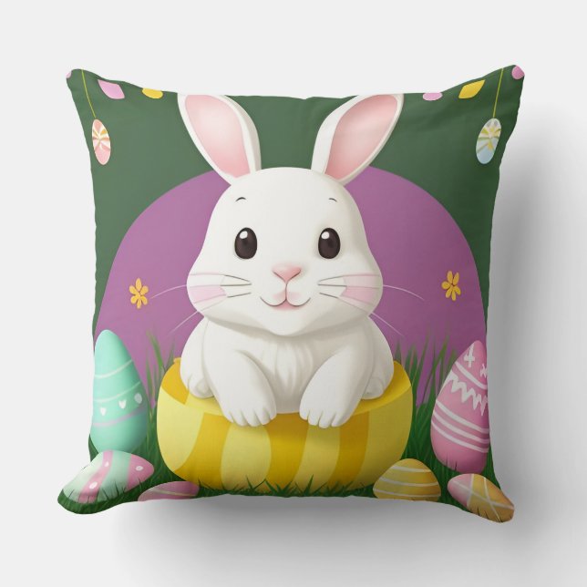 Almofada Coelho da Páscoa Fofo Com Ovos Decorativos (Frente)