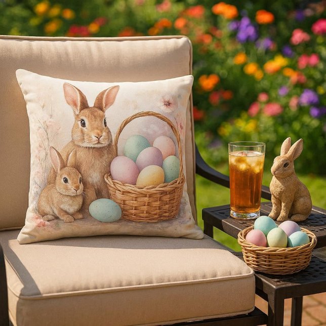Almofada Coelho da Páscoa / Primavera & Ovos Coloridos (Outdoor living space decor...Easter throw pillow with Rabbit and Eggs.  Mockup )