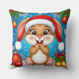 Almofada Coelho de Natal Fofo Vestindo Chapéu de Papai Noel