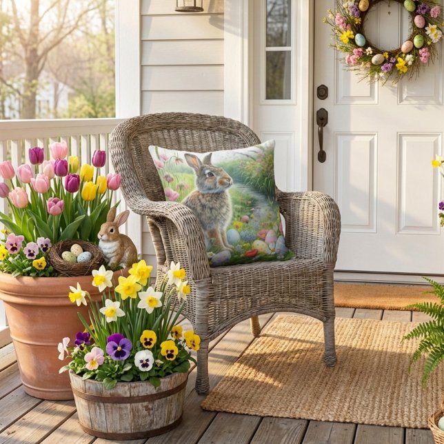 Almofada Coelho do Feriado da Páscoa Natureza  (spring season porch or patio outdoor pillow. )