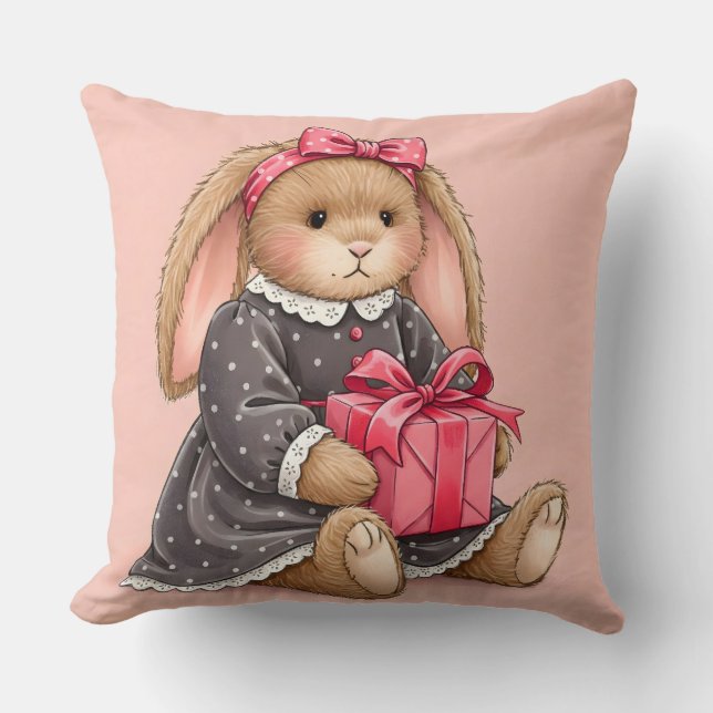 Almofada Coelho em veludo de Cinza com presente (Frente)