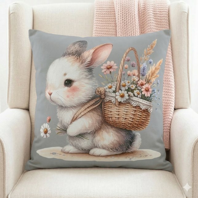 Almofada Coelho Fofo com Arte em Aquarela de Flores (Cute Bunny with Flowers Watercolor Art Throw Pillow Mockup A)