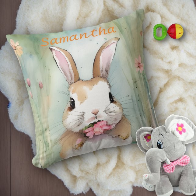 Almofada Coelho Fofo de Páscoa Aquarela Pastel Flores da Pr (Criador carregado)