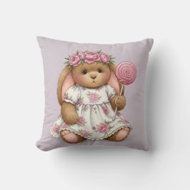 Almofada Coelho num vestido branco com um pirulito rosa