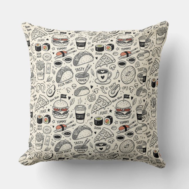 Almofada Coffee & Café Doodle Pattern –Cute Hand Drawn Food (Frente)