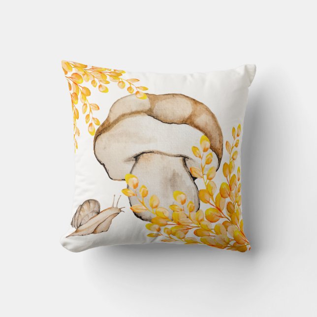 Almofada Cogumelos de outono, caracóis e ramos amarelos (Frente)