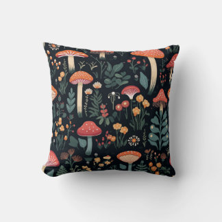 Almofada Cogumelos e Folhagem em Fundo Negro