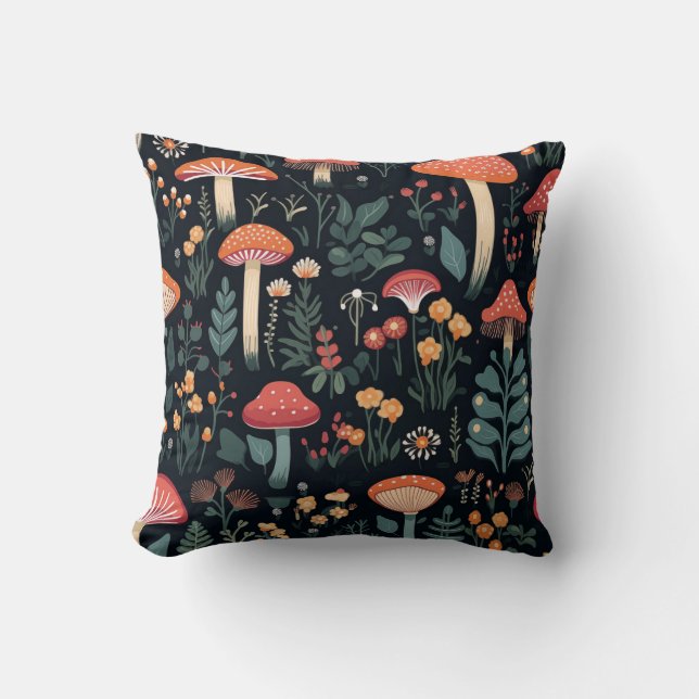 Almofada Cogumelos e Folhagem em Fundo Negro (Frente)