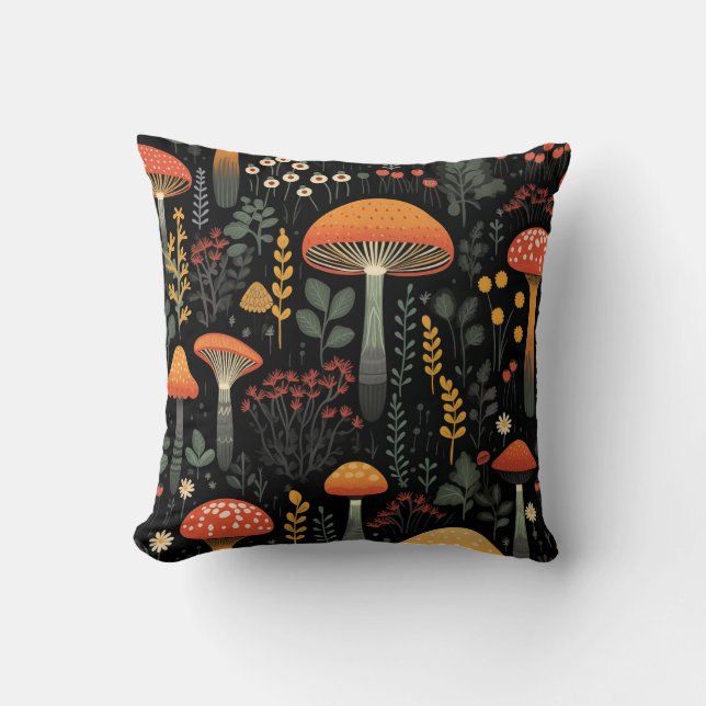 Almofada Cogumelos e folhagem em preto 4 (Frente)