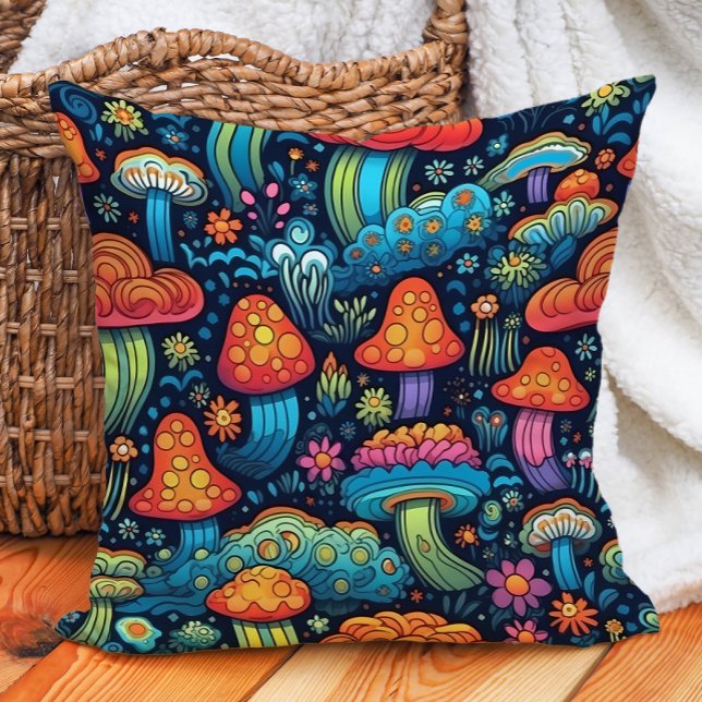 Almofada Cogumelos Groovy Retro Vintage Whimsical (Colorful mushrooms on navy blue decorator pillow)