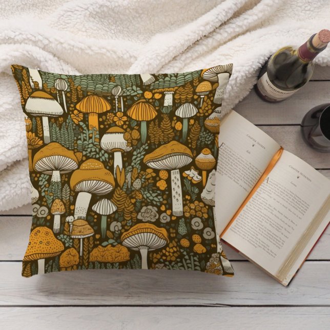Almofada Cogumelos Marrons Ilustração Botânica Vintage (Retro orange mushrooms on brown decorator pillow)