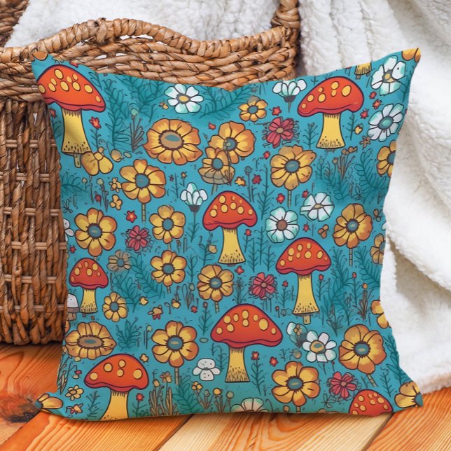 Almofada Cogumelos Retro Anos 70 Vermelho Amarelo Azul Turq (Cute orange mushrooms on teal decorator pillow)