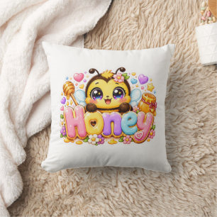 Almofada Cola Kawaii Abelha Mel Nome Pastel Rosa Brilhante