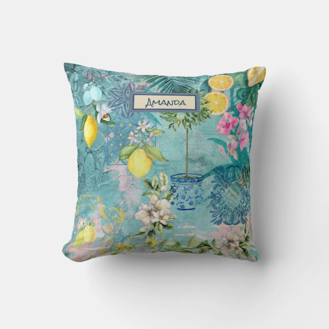 Almofada Colagem chique azul turquesa siciliano cítrico flo (Frente)