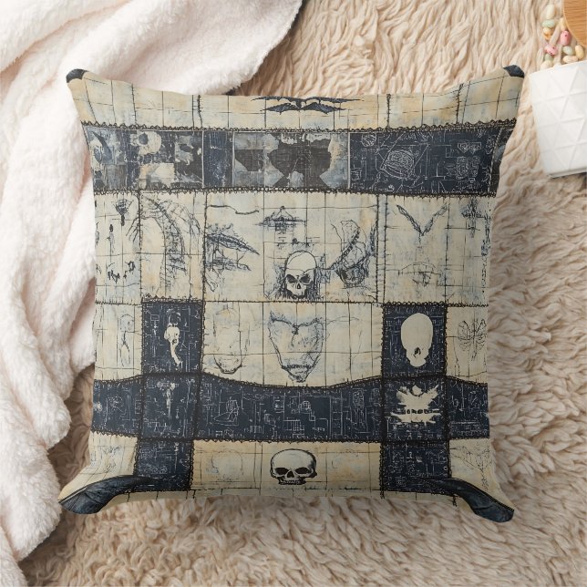 Almofada Colagem de Denim com Caveira Gótica e Morcego (Cobertor)