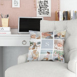 Almofada Colagem de Fotografias de Monograma de Cinzas de N<br><div class="desc">Personalize este travesseiro decorativo com oito fotos quadradas dispostas em um layout de colagem em grade,  com seu monograma inicial de solteiro na cinza de nevoeiro no quadrado central. Travesseiro se reverte para um sutil padrão de diamante pontilhado em cinzas e branco correspondentes.</div>