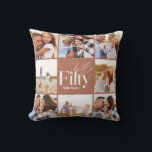 Almofada Colagem de fotografias de terracotta moderna do 50<br><div class="desc">Olá,  presente de decoração de travesseiro de multicolagem de 50 anos do aniversário,  moderno terracotta. Design de texto de script moderno. Parte de uma coleção.</div>