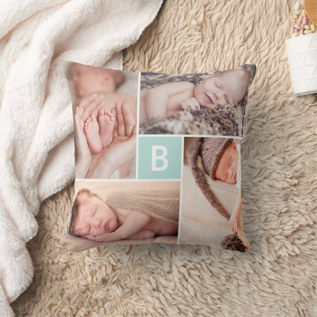 Almofada Colagem de Fotografias do Monograma Azul com Grade (Cobertor)