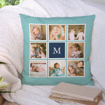 Almofada Colagem de Fotografias do Monograma de Cor de Fund<br><div class="desc">Travesseiro monograma com 8 fotos quadradas organizadas em um layout de grade com uma borda branca ao redor delas no fazer frontal e traseiro, no total, 16 fotos que você pode substituir por suas próprias fotos, todas em uma cor de fundo editável (clique em "personalizar" para mudar a cor de...</div>