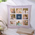 Almofada Colagem de Fotografias do Monograma de Cor de Fund<br><div class="desc">Travesseiro monograma com 8 fotos quadradas organizadas em um layout de grade com uma borda branca ao redor delas no fazer frontal e traseiro, no total, 16 fotos que você pode substituir por suas próprias fotos, todas em uma cor de fundo editável (clique em "personalizar" para mudar a cor de...</div>