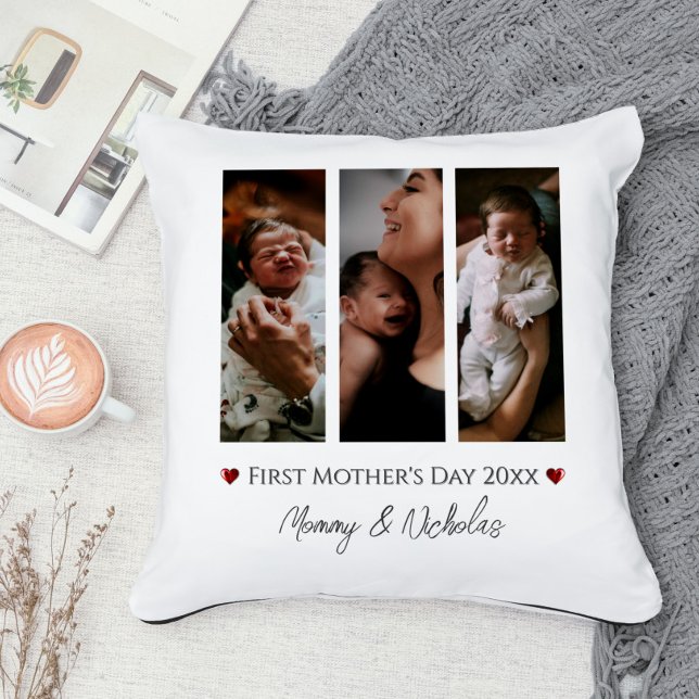 Almofada Colagem de Fotografias do Primeiro Dia de as mães  (White First Mother's Day Three Photo Collage Throw Pillow)