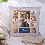 Almofada Colagem de Fotos da Família de Script Elegante de<br><div class="desc">Travesseiro de colagem de fotos com 9 fotos dispostas em um layout de grade na frente e no verso, fazer 18 fotos no total que você pode substituir por suas próprias fotos com seu nome de família em um roteiro elegante. Este design versátil de travesseiro também tem cores editáveis. Você...</div>
