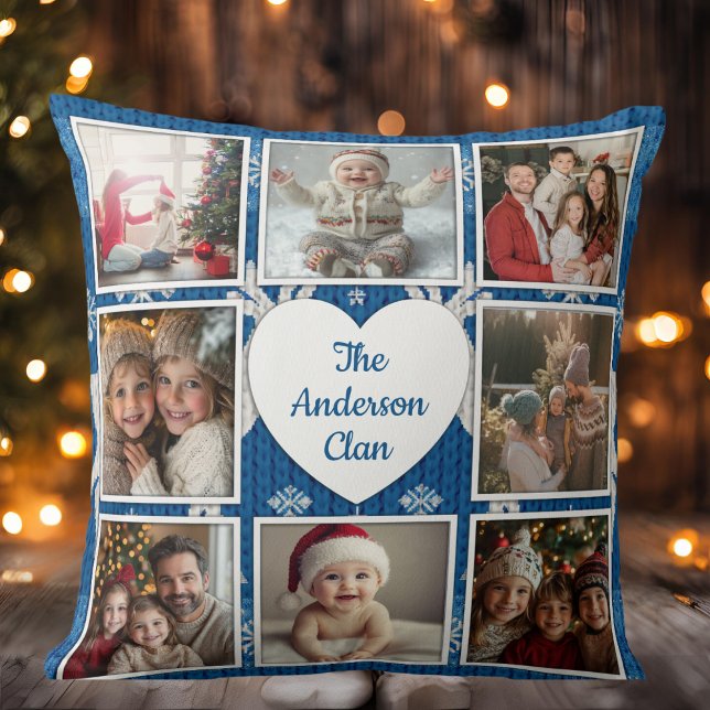 Almofada Colagem de Fotos da Família Nórdica Azul e Branca (Nordic Blue And White Family Photo Collage Throw Pillow)