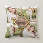 Almofada Colagem de Fotos de Casal Branco Dourado com Giras<br><div class="desc">Esta lembrança de casamento fofa e romântica é perfeita para o casal recém-casado. Ela apresenta oito fotos personalizadas de colagem de fotos do casal com madeira marrom rústica e uma caixa de texto dourada impressa falsa, cercada por girassóis e folhas amarelos de goldenrod pintados à mão e verde floresta em...</div>