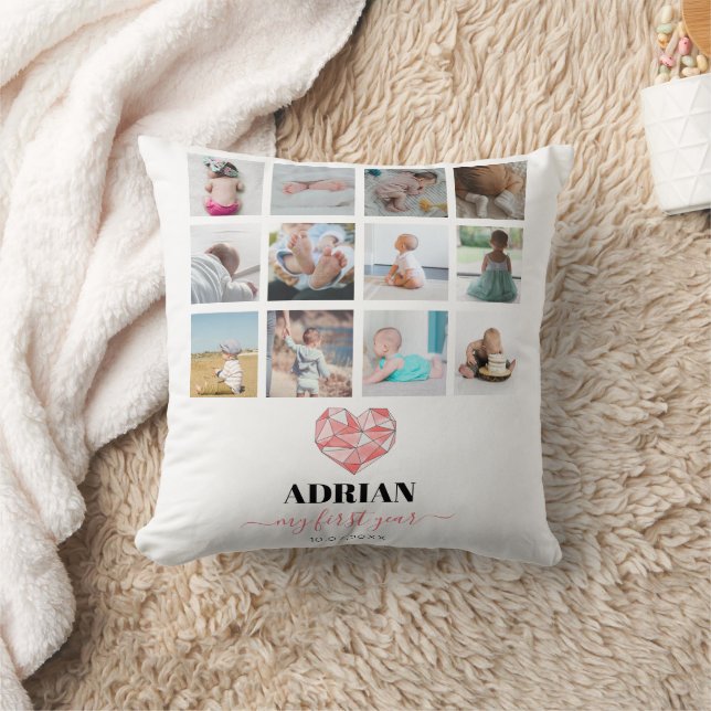 Almofada Colagem de Fotos do Primeiro Ano do Bebê com Coraç (Cobertor)