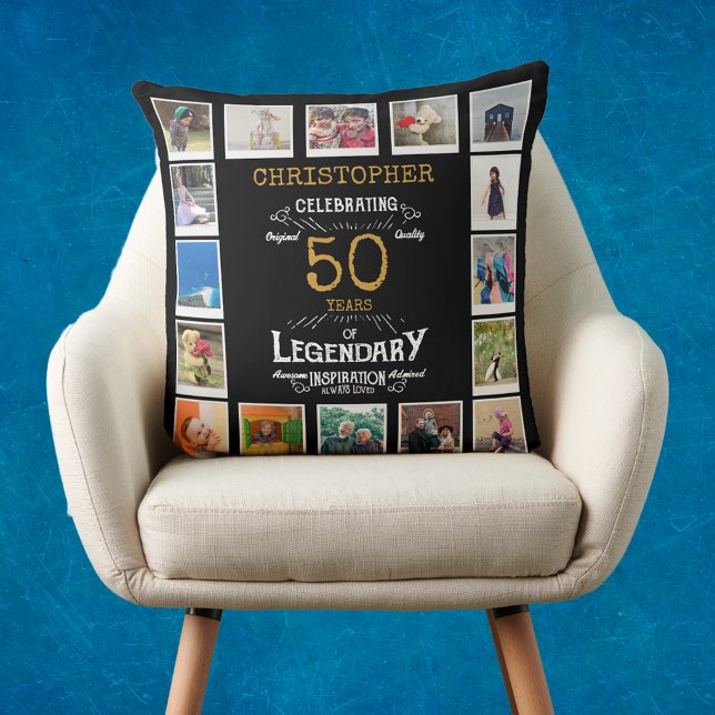 Almofada Colagem de Fotos Dourada Preta do 50º Aniversário (Personalized 50th birthday gift throw pillow with 16 photos of your choice.)