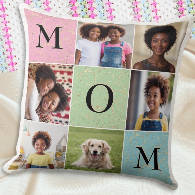 Almofada Colagem de Fotos Elegante Personalizada Mãe 6 Imag (An elegant throw pillow for Mother's Day, featuring six custom photos and 'Mom' in capital letters)