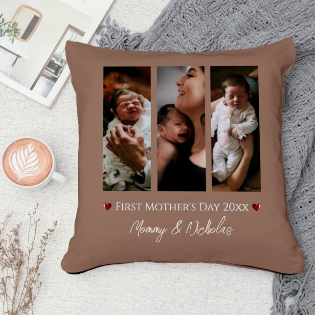 Almofada Colagem de Fotos Mocha Brown, Dia de as mães 3 (Mocha Brown First Mother's Day Three Photo Collage Throw Pillow)
