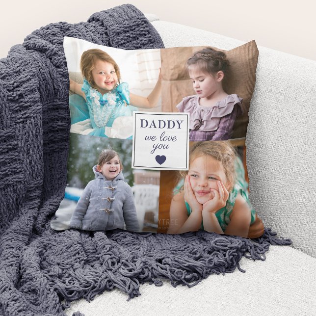 Almofada Colagem de Fotos Moderna Papai (Cute custom photo collage "Daddy We Love You" throw pillow.)