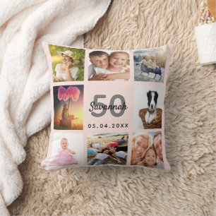 Almofada Colagem de fotos personalizada de aniversário rosa