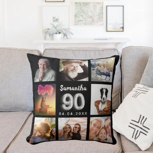 Almofada Colagem de fotos pretas de prata de 90 aniversário