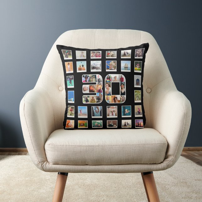 Almofada Colagem de Memórias Fotográficas da Família aniver (30th birthday throw pillow on a chair)