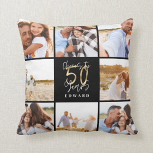 Almofada Colagem moderna de fotos em ouro e preto de 50 ano